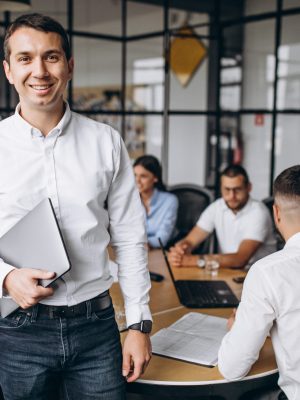 Group of people working out business plan in an office